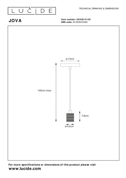 Lucide JOVA - Hanglamp - Ø 10 cm - 1xE27 - Zwart - technisch